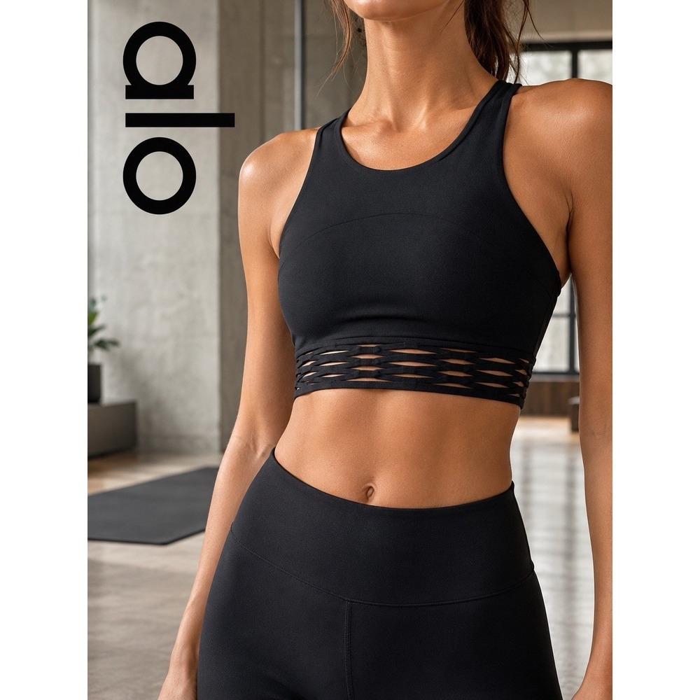 ALO Yoga Endear Sports Bra XS Black Cutout Laser Hem Racerback Medium Support